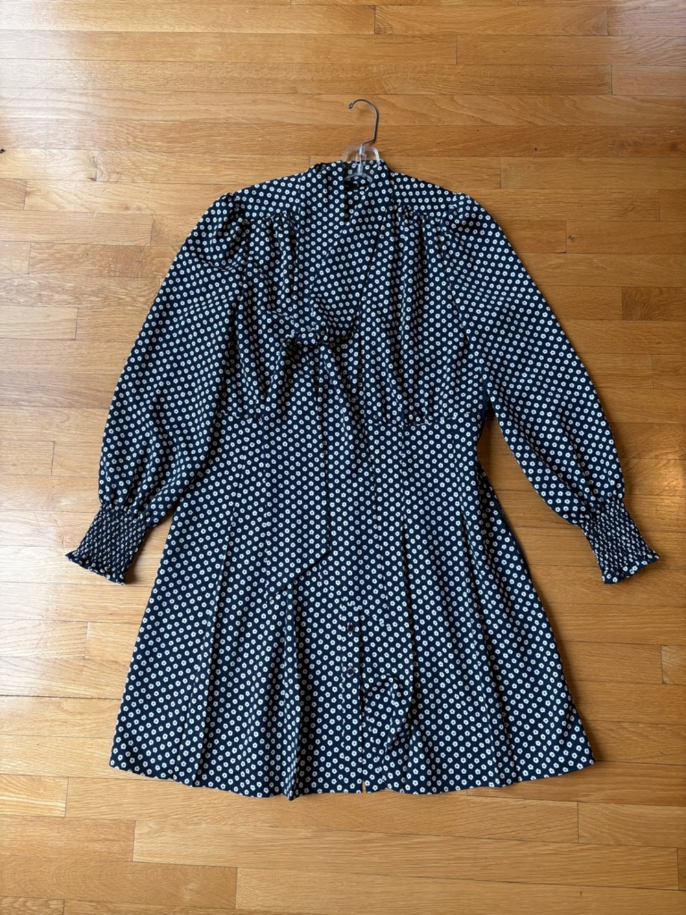 Polka Dot Long-Sleeve Tie-Neck Dress in Navy